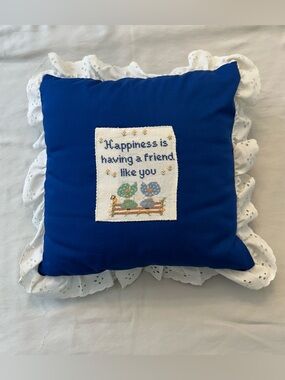 Vintage Grannycore Blue Needlepoint Throw Pillow w White Ruffle Lace Trim
